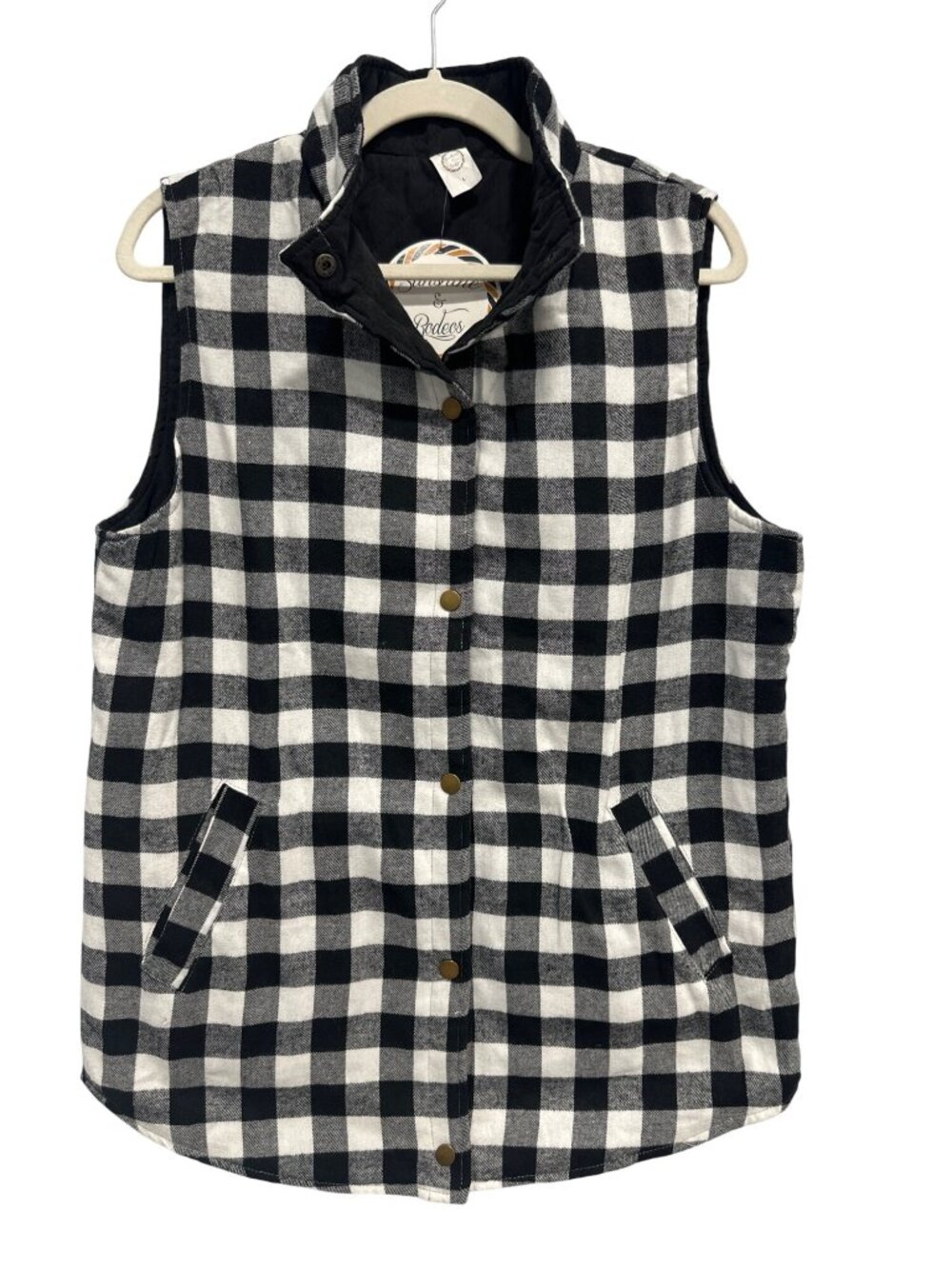 Sunshine & Rodeos Quilted Vest Large Plaid Snap Front Black White Outerwear NEW